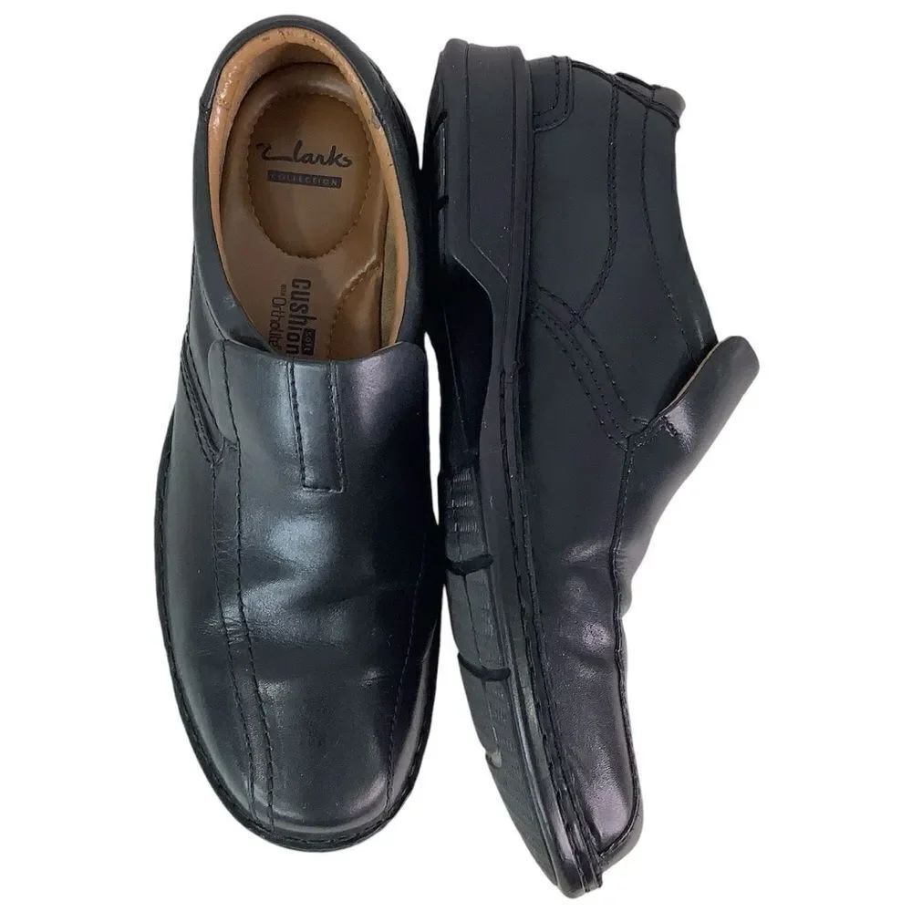CLARKS COLLECTION Cushion Ortholite Black Leather Oxford Slip On Shoes Sz 11
